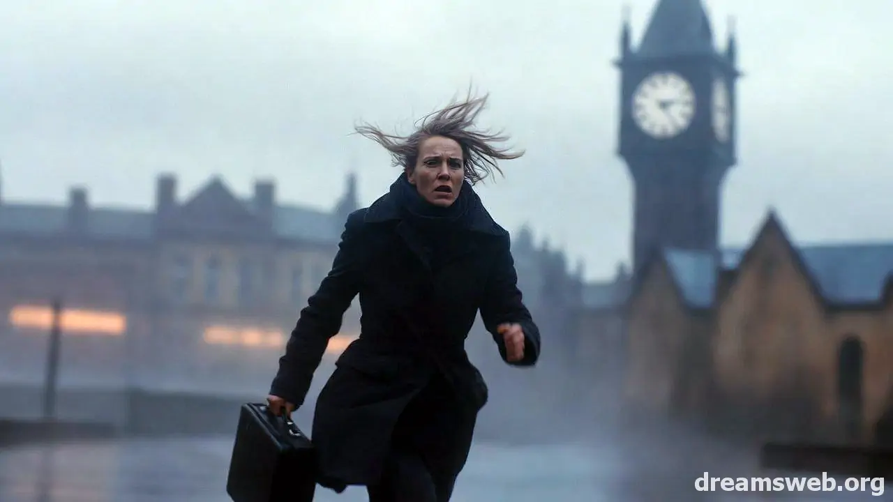 A stressed person rushing through chaotic streets, alarm clock showing late time, symbolizing late for work dream anxiety.